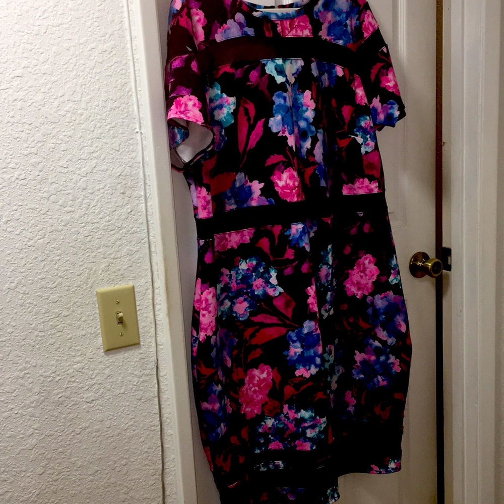 Floral print scuba below the knee dress with sheer spots and exposed zipper